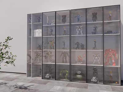 Various Action Figures Displayed in Glass Door Cabinet with Multiple Shelves and Indoor Potted Plant 3d model