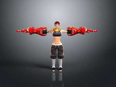 Black Top Black Pants And Sandals On Character With Red Mechanical Arms 3d model