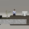 Modern Reception Desk Interior With Receptionist Marble Countertop Decorative Plant And Computer Monitor