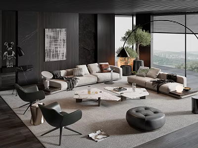 Modern Living Room Sofa And Coffee Table Set With Ottoman Green Plant And Large Windows 3d model