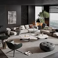 Modern Living Room Sofa And Coffee Table Set With Ottoman Green Plant And Large Windows