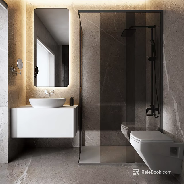 Sleek Modern Bathroom Vanity With White Washbasin Backlit Mirror And Marble Walls 3d model 