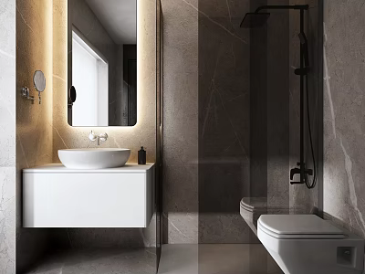 Sleek Modern Bathroom Vanity With White Washbasin Backlit Mirror And Marble Walls 3d model