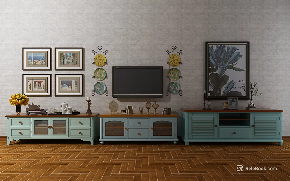 Light Blue TV Stand With Drawers Cabinets And Decorative Items On Herringbone Wooden Floor 3d model 