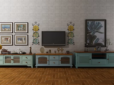 Light Blue TV Stand With Drawers Cabinets And Decorative Items On Herringbone Wooden Floor 3d model