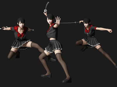 Women in Black and Red Sailor Uniforms Performing Action Poses with Swords and Knives 3d model
