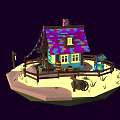 Cartoon Scene Featuring Small House With Colorful Roof And Trees Fence Path And Decorative Lights