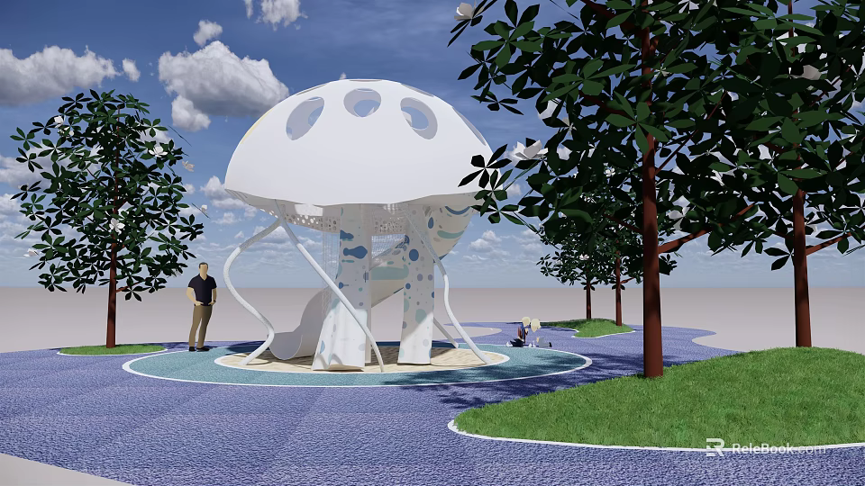 Children's Play Area Featuring Jellyfish Shaped White Structure with Trees Blue Flooring and Grass 3d model 