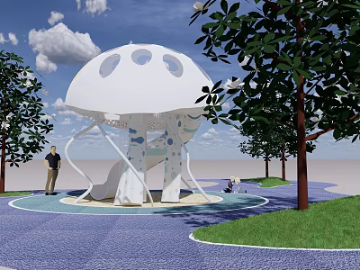 Children's Play Area Featuring Jellyfish Shaped White Structure with Trees Blue Flooring and Grass 3d model