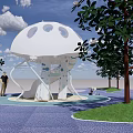 Children's Play Area Featuring Jellyfish Shaped White Structure with Trees Blue Flooring and Grass