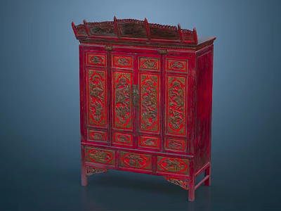 Red Chinese Style Entryway Cabinet And Side Cabinet With Carved Decorations 3d model