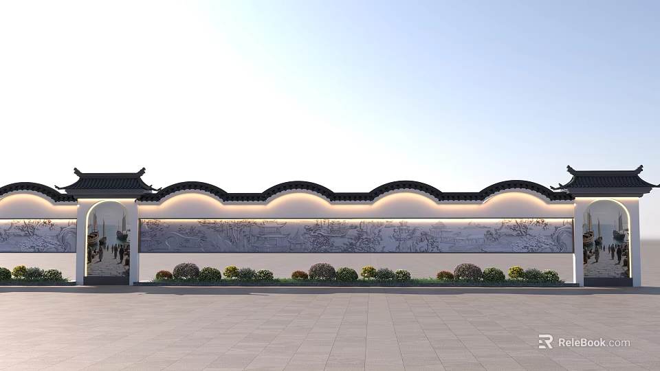 Traditional Chinese Scenic Wall with Curved Tile Roof and Relief Carvings Surrounded by Green Shrubs 3d model 