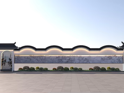 Traditional Chinese Scenic Wall with Curved Tile Roof and Relief Carvings Surrounded by Green Shrubs 3d model