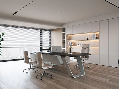 Modern Office Interior Design With Spacious Desk Ergonomic Chairs Window And Wooden Floor 3d model