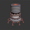 Futuristic 3D Mechanical Tower Structure With Layered Rings Glowing Accents And Support Legs