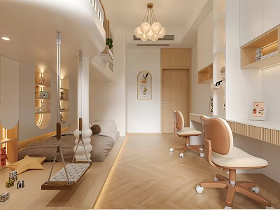 Modern Cozy Kids Room With Swing Bed Desks And Storage 3d model