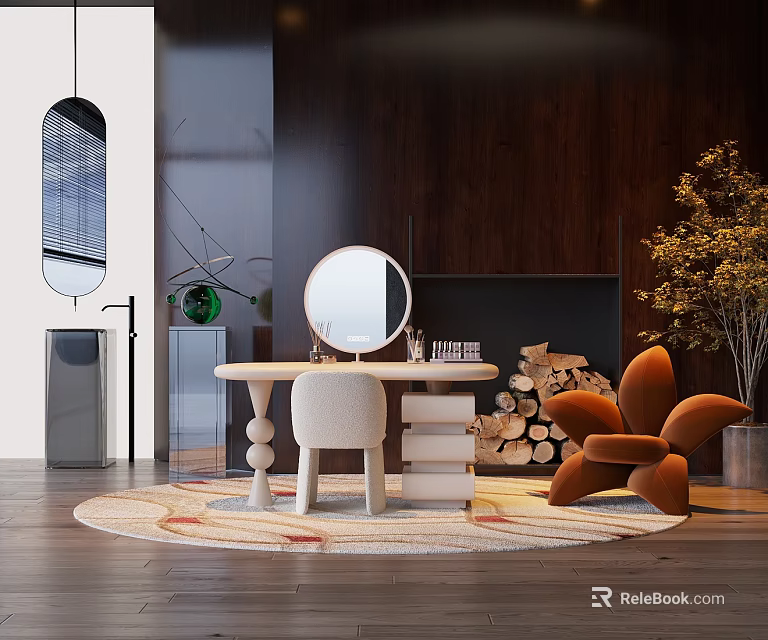 Modern Orange Leisure Chair In Cozy Interior With Wooden Wall Stacked Logs And Rug 3d model 
