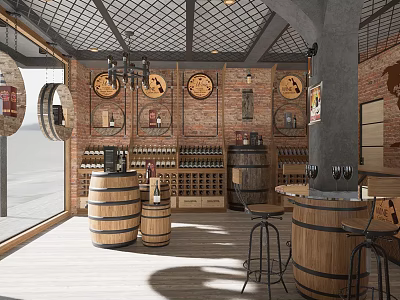 Urban Mall Wine Shop With Brick Wall Wooden Barrels And Wine Bottles 3d model