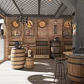 Urban Mall Wine Shop With Brick Wall Wooden Barrels And Wine Bottles