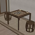Traditional Go Table Setup With Board Pieces Stools On Tatami Mat And Wooden Blinds