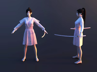 Two Female Game and Movie Characters in Pink Dresses with Long Sleeves Holding Long Swords 3d model