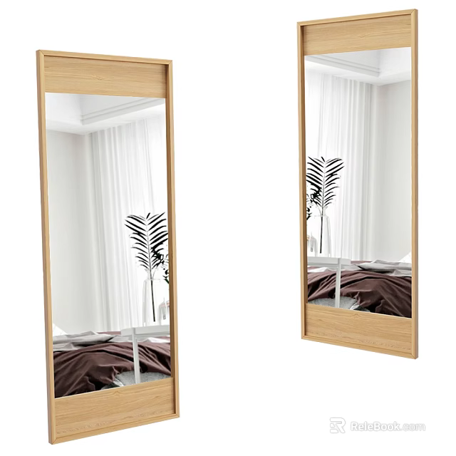 Wooden Frame Mirrors Reflecting Bedroom Interior With White Curtains Green Plant And Brown Bedding 3d model 