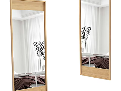 Wooden Frame Mirrors Reflecting Bedroom Interior With White Curtains Green Plant And Brown Bedding 3d model