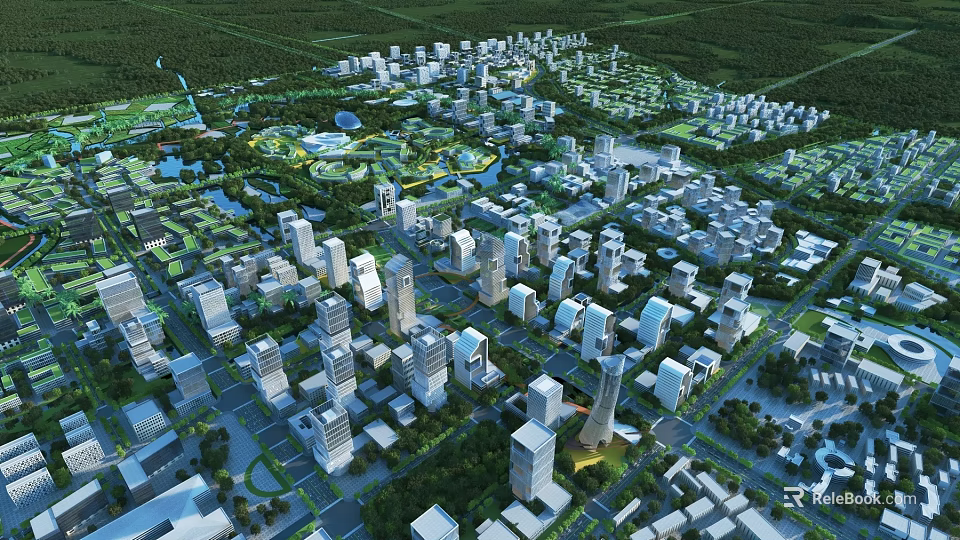 Modern Urban Building Complex Aerial View With Green Spaces And High Rise Structures 3d model 