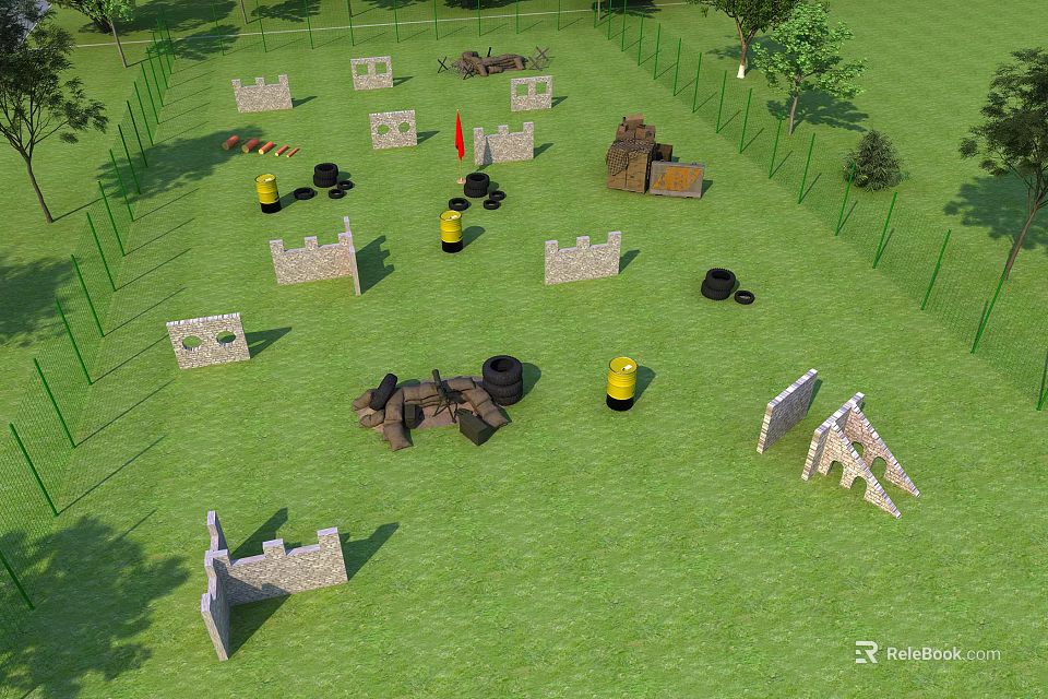 Outdoor Obstacle Training Field With Green Grass Stone Obstacles Yellow Barrels Black Tires And Trees 3d model 