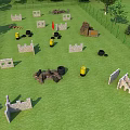 Outdoor Obstacle Training Field With Green Grass Stone Obstacles Yellow Barrels Black Tires And Trees
