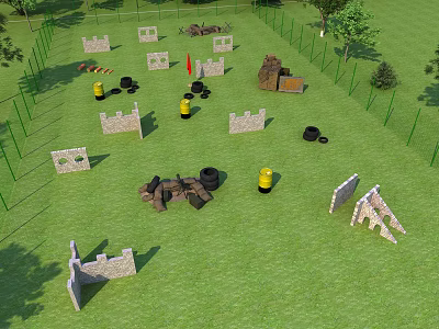 Outdoor Obstacle Training Field With Green Grass Stone Obstacles Yellow Barrels Black Tires And Trees 3d model