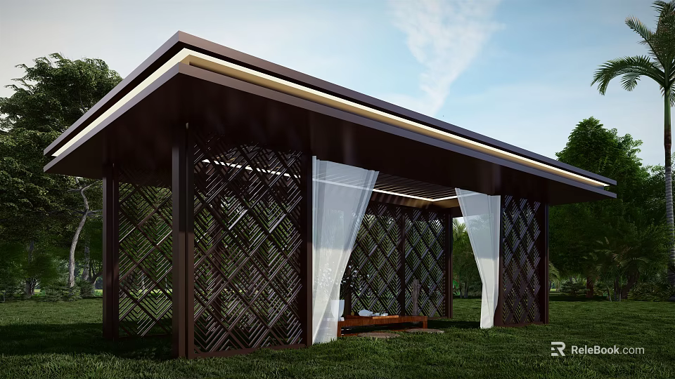 Modern Outdoor Pavilion With LED Strip Lighting Lattice Panels White Curtains And Green Lawn 3d model 