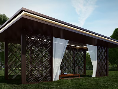 Modern Outdoor Pavilion With LED Strip Lighting Lattice Panels White Curtains And Green Lawn 3d model