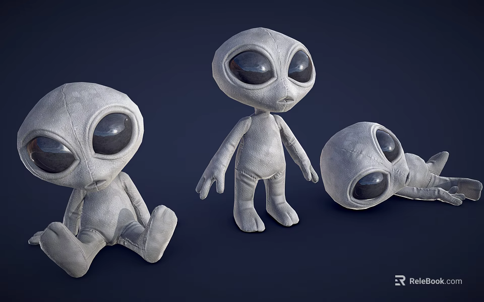 Set Of Three Gray Alien Plush Dolls With Large Eyes In Different Poses 3d model 