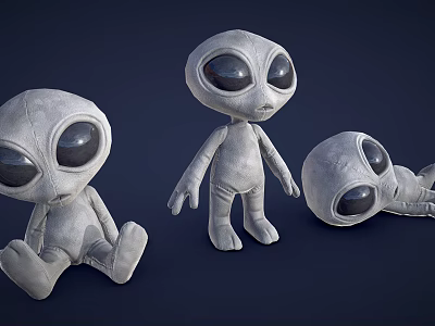 Set Of Three Gray Alien Plush Dolls With Large Eyes In Different Poses 3d model