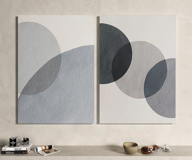 Abstract Wall Art Paintings With Circular Gray Black White Patterns 3d model