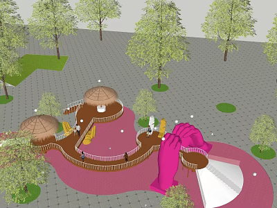 Colorful Children's Play Area With Pink Slide Wooden Canopy And Surrounding Trees 3d model