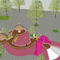 Colorful Children's Play Area With Pink Slide Wooden Canopy And Surrounding Trees