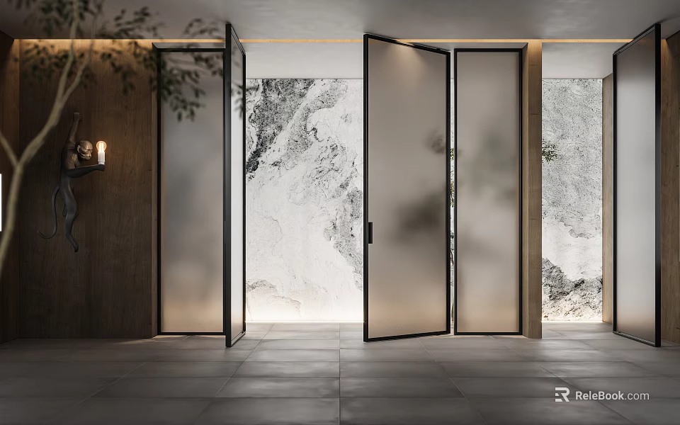 Modern Elevator Hallway With Frosted Glass Doors Marble Walls And Plant Decor 3d model 