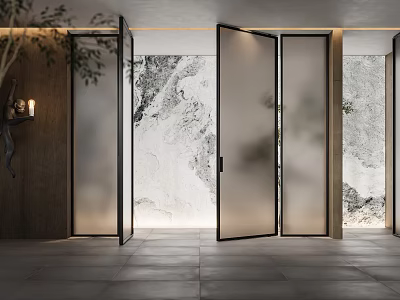 Modern Elevator Hallway With Frosted Glass Doors Marble Walls And Plant Decor 3d model