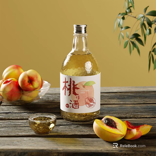 Fresh Peach Wine Bottle and Glass with Ripe Peaches and Green Leaves on Wooden Table 3d model 