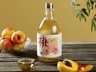 Fresh Peach Wine Bottle and Glass with Ripe Peaches and Green Leaves on Wooden Table 3d model