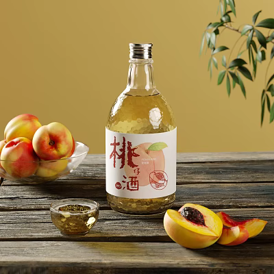 Fresh Peach Wine Bottle and Glass with Ripe Peaches and Green Leaves on Wooden Table 3d model