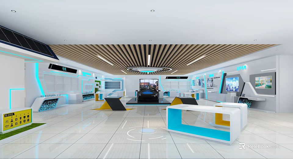 Modern Tech Inspired Showroom With Display Vehicle Interactive Counters And Sleek Lighting 3d model