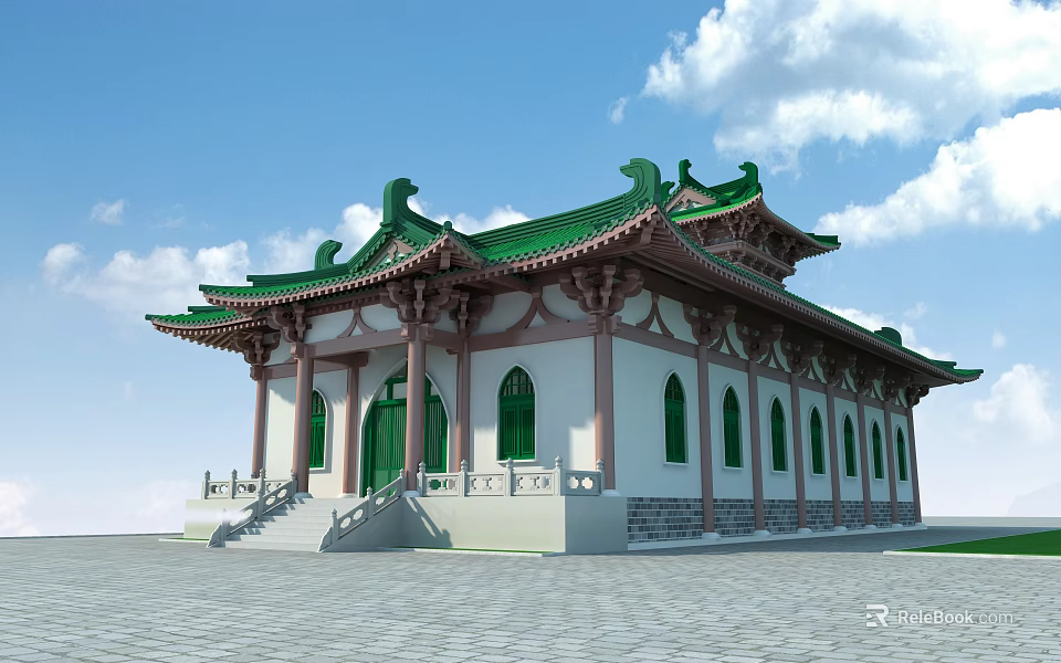 Traditional Ancient Chinese Architecture With Green Roof Overhanging Eaves Red Columns And Green Windows 3d model 