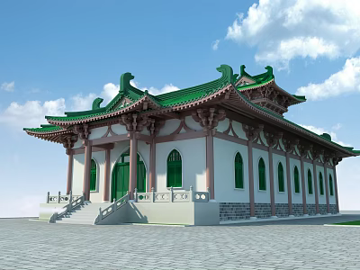 Traditional Ancient Chinese Architecture With Green Roof Overhanging Eaves Red Columns And Green Windows 3d model