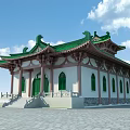 Traditional Ancient Chinese Architecture With Green Roof Overhanging Eaves Red Columns And Green Windows