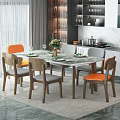 Rectangular Dining Table Set with Marble Top Orange Gray Chairs and Tableware 3d model