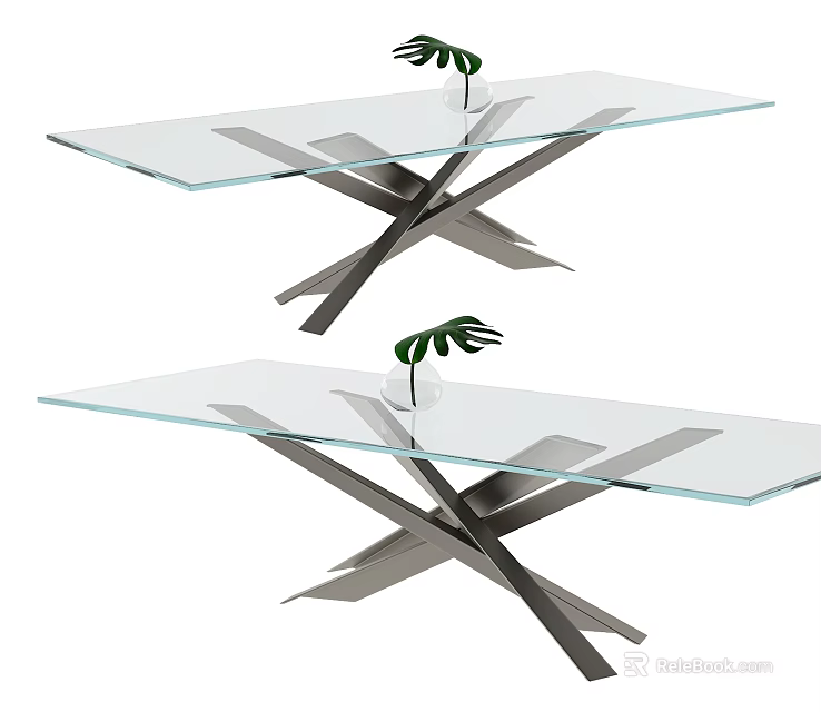 Modern Glass Tabletop Dining Table With Metal Cross Frame And Small Green Plant 3d model 