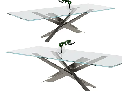 Modern Glass Tabletop Dining Table With Metal Cross Frame And Small Green Plant 3d model